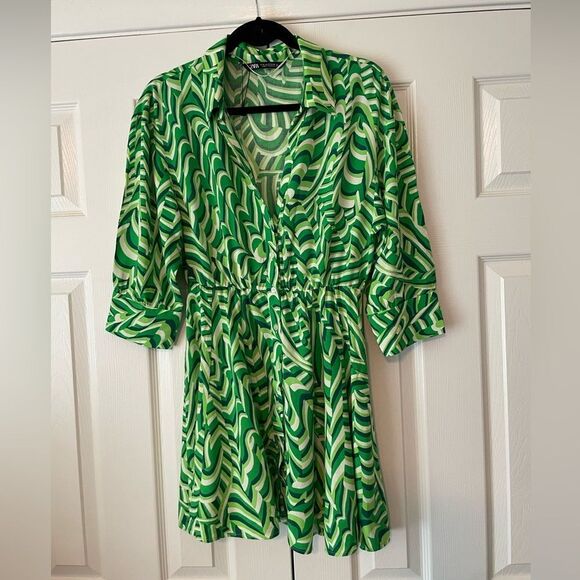 Zara Retro Vibes Green Print Dress Size Medium - Picture 3 of 12